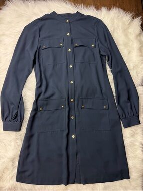 Michael Kors Navy Long-Sleeve Button Front Shirt Dress with Gold Buttons